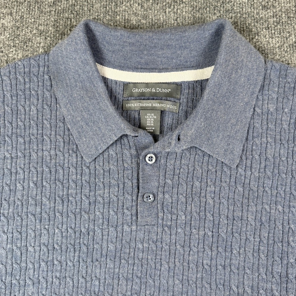 Grayson & Dunn Sweater Polo Shirt Mens XL Blue 100% Merino Wool Cable Knit